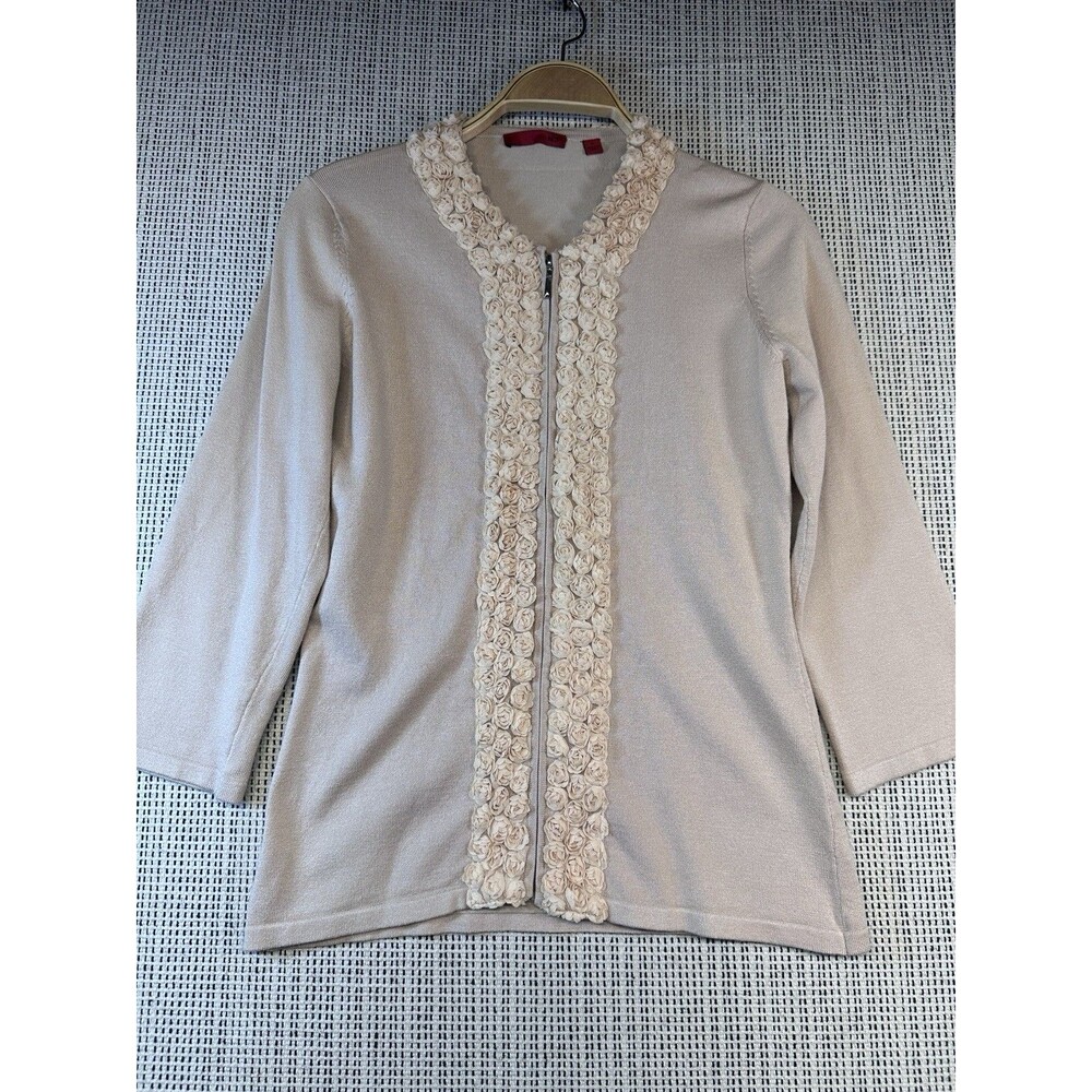 Rosette Zip Cardigan Sweater Beige Small Romantic Coquette